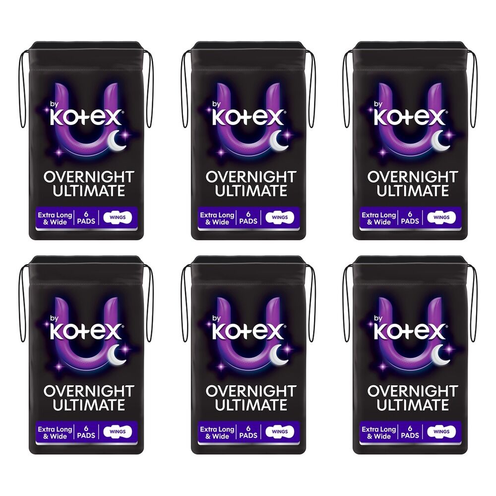 U By Kotex Overnight Extra Long Pads with Wings 6 Pack x 4 Bundle of 6