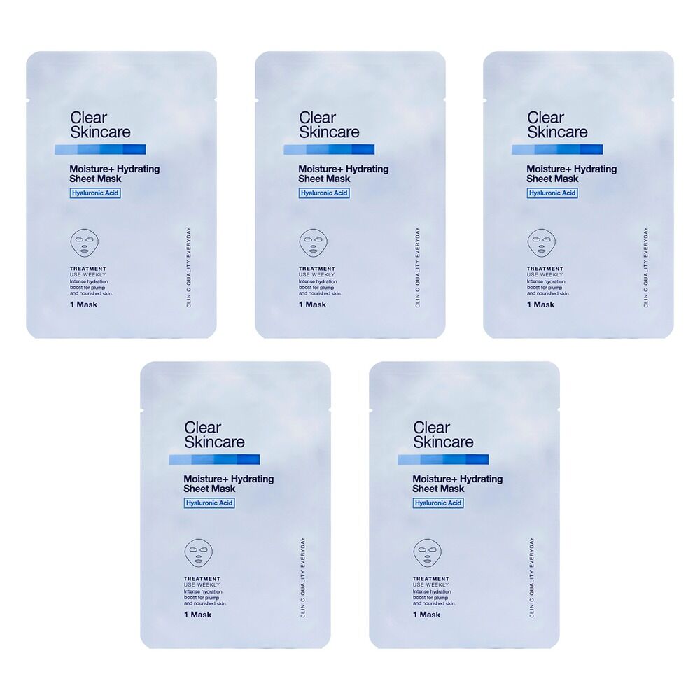 Clear Skincare Moisture+ Hydrating Sheet Mask with Hyaluronic Acid Pack of 5