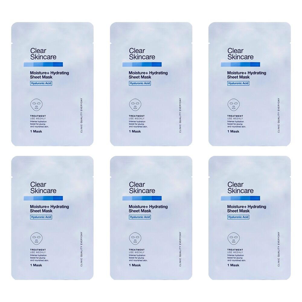 Clear Skincare Moisture+ Hydrating Sheet Mask with Hyaluronic Acid Pack of 6