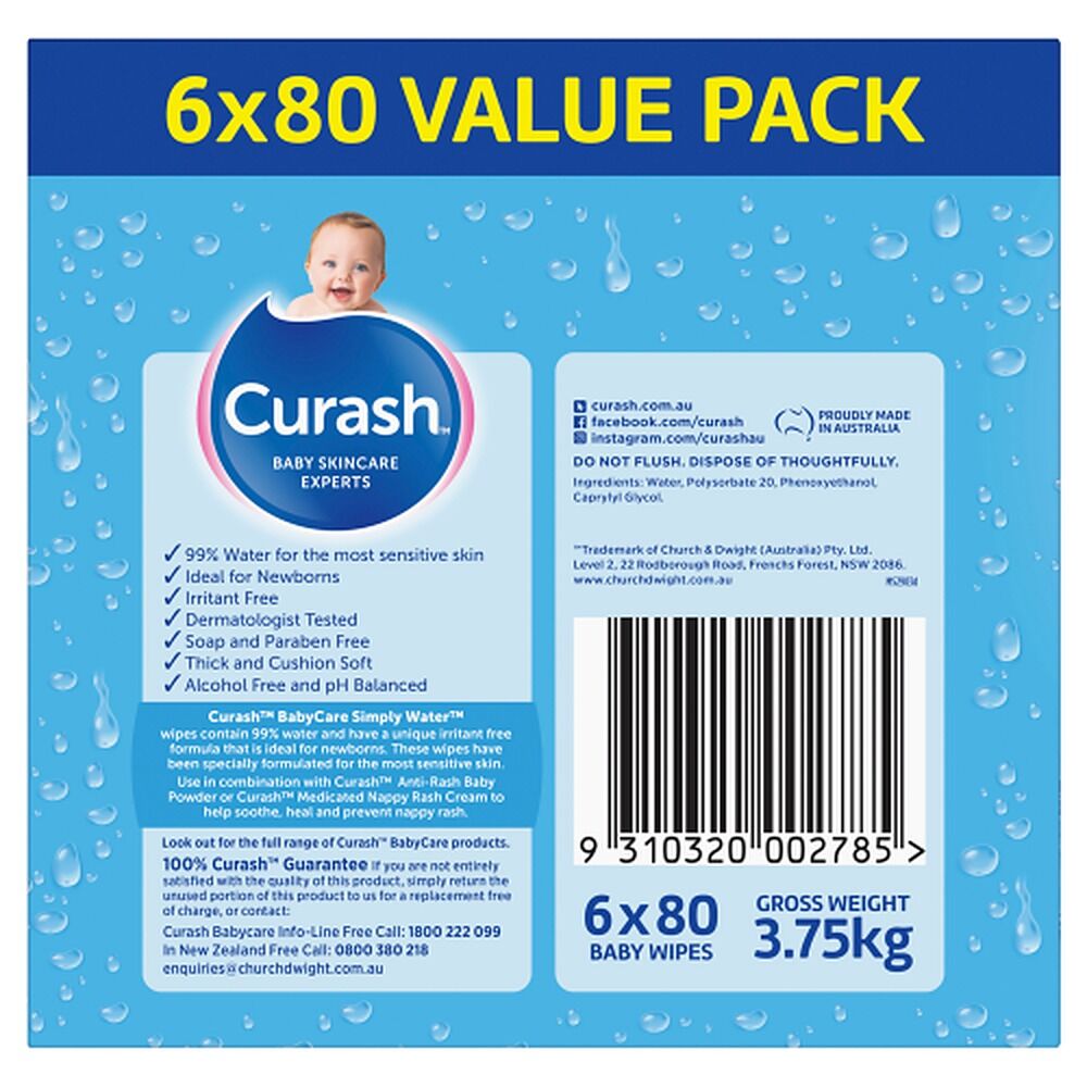 Curash Simply Water Baby Wipes 6 x 80 Pack