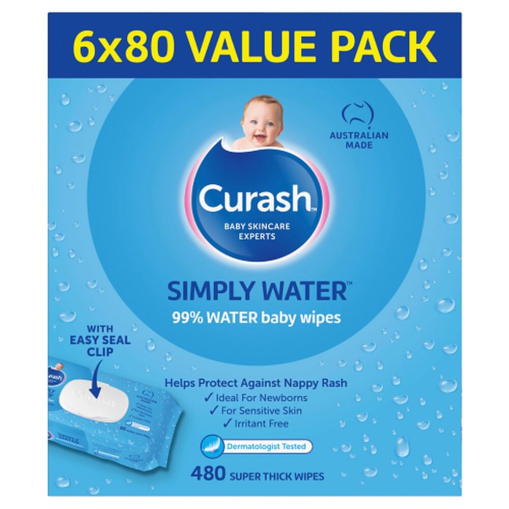 Curash Simply Water Baby Wipes 6 x 80 Pack