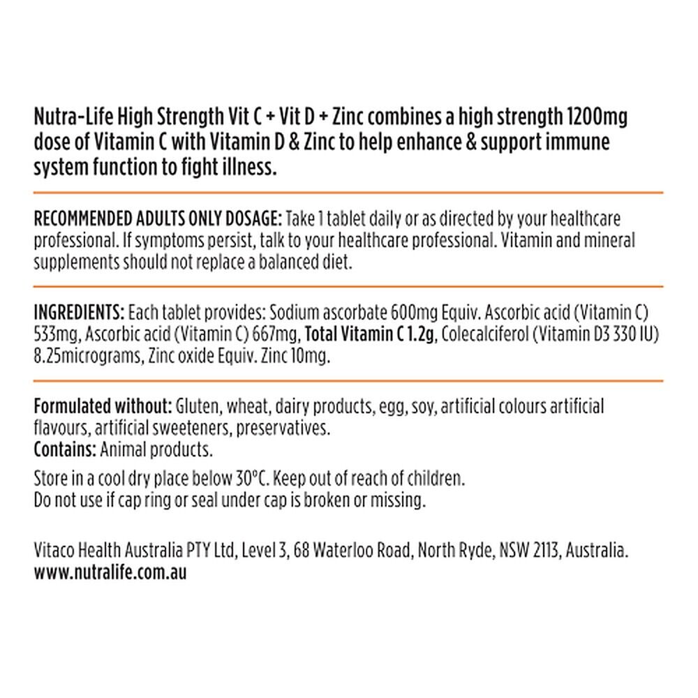 Nutra-Life High Strength Vitamin C + Vitamin D + Zinc 120 Tablets