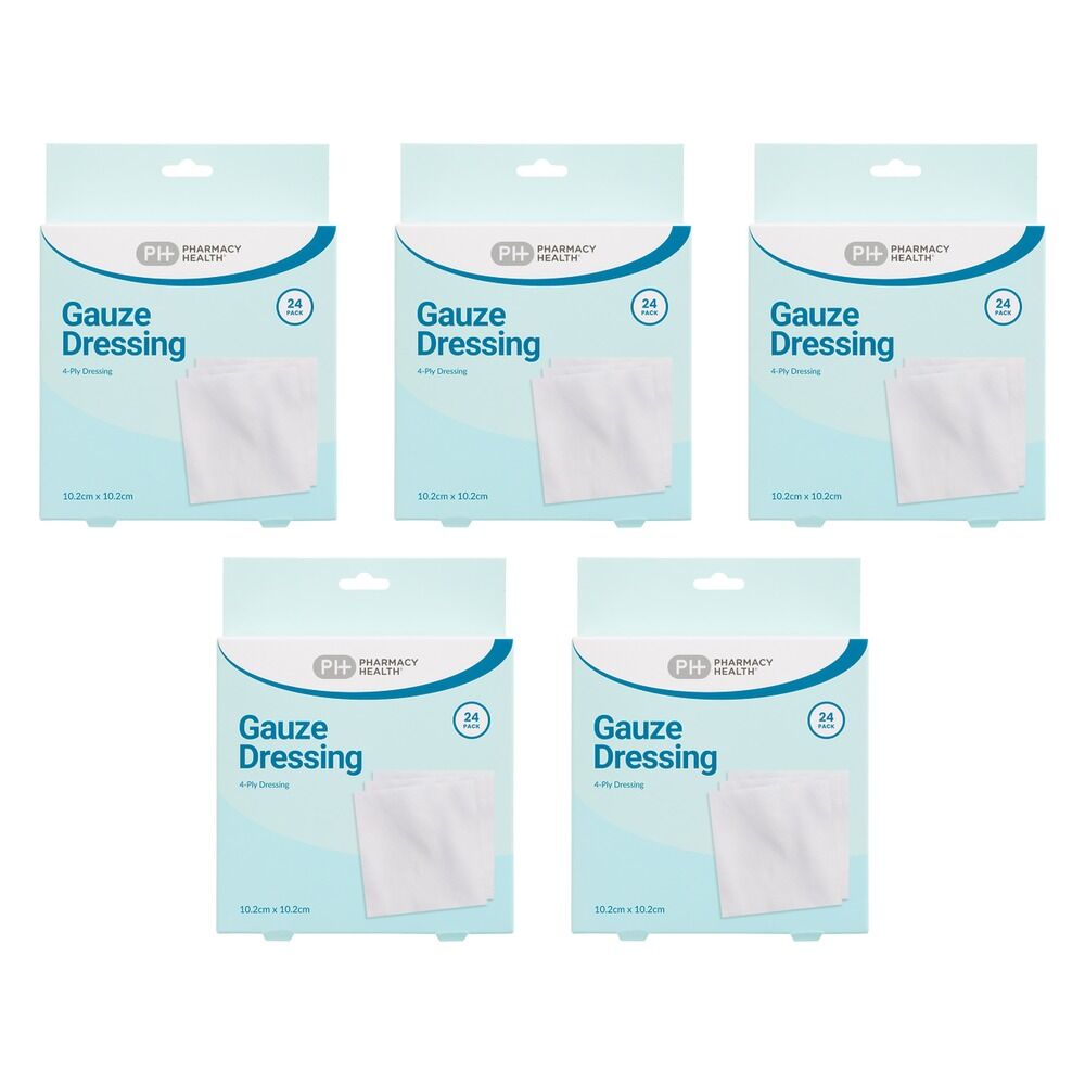 Pharmacy Health Gauze Dressing 10.2cm x 10.2cm 24 Pack Bundle of 5