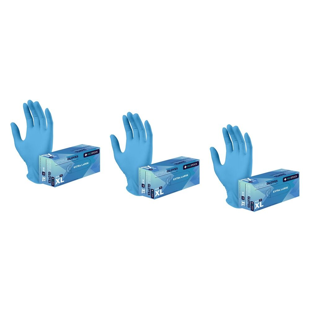 Medstock Blue Nitrile Gloves Extra Large 100 Pack Bundle of 3
