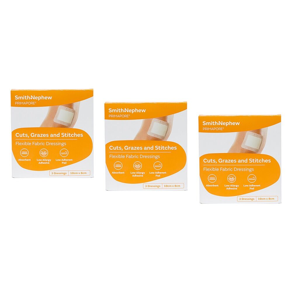 Primapore Flexible Fabric Dressing 10cm x 8cm 3 Dressings Pack of 3