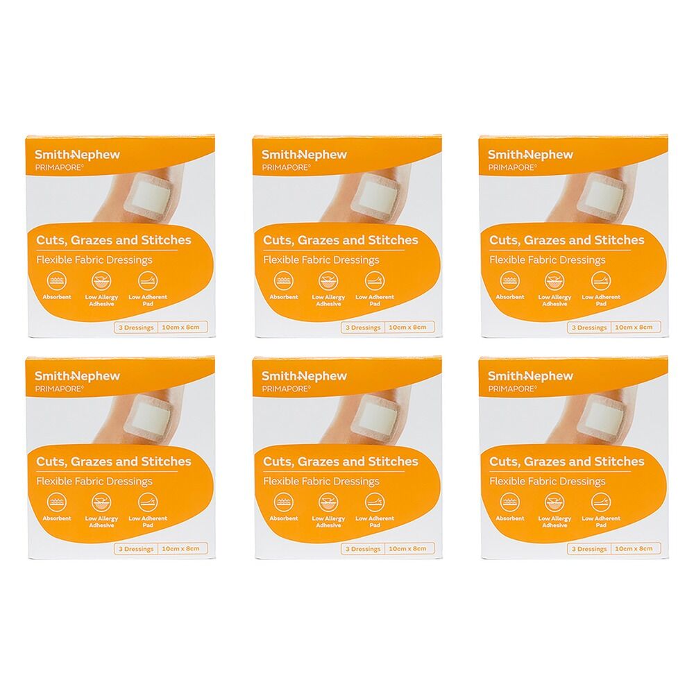 Primapore Flexible Fabric Dressing 10cm x 8cm 3 Dressings Pack of 6