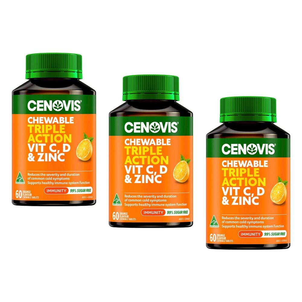 Cenovis Chewable Triple Action Vit C, D & Zinc Orange 60 Tablets Pack of 3