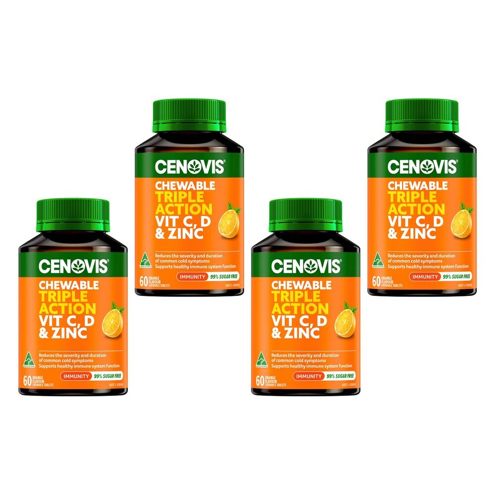 Cenovis Chewable Triple Action Vit C, D & Zinc Orange 60 Tablets Pack of 4