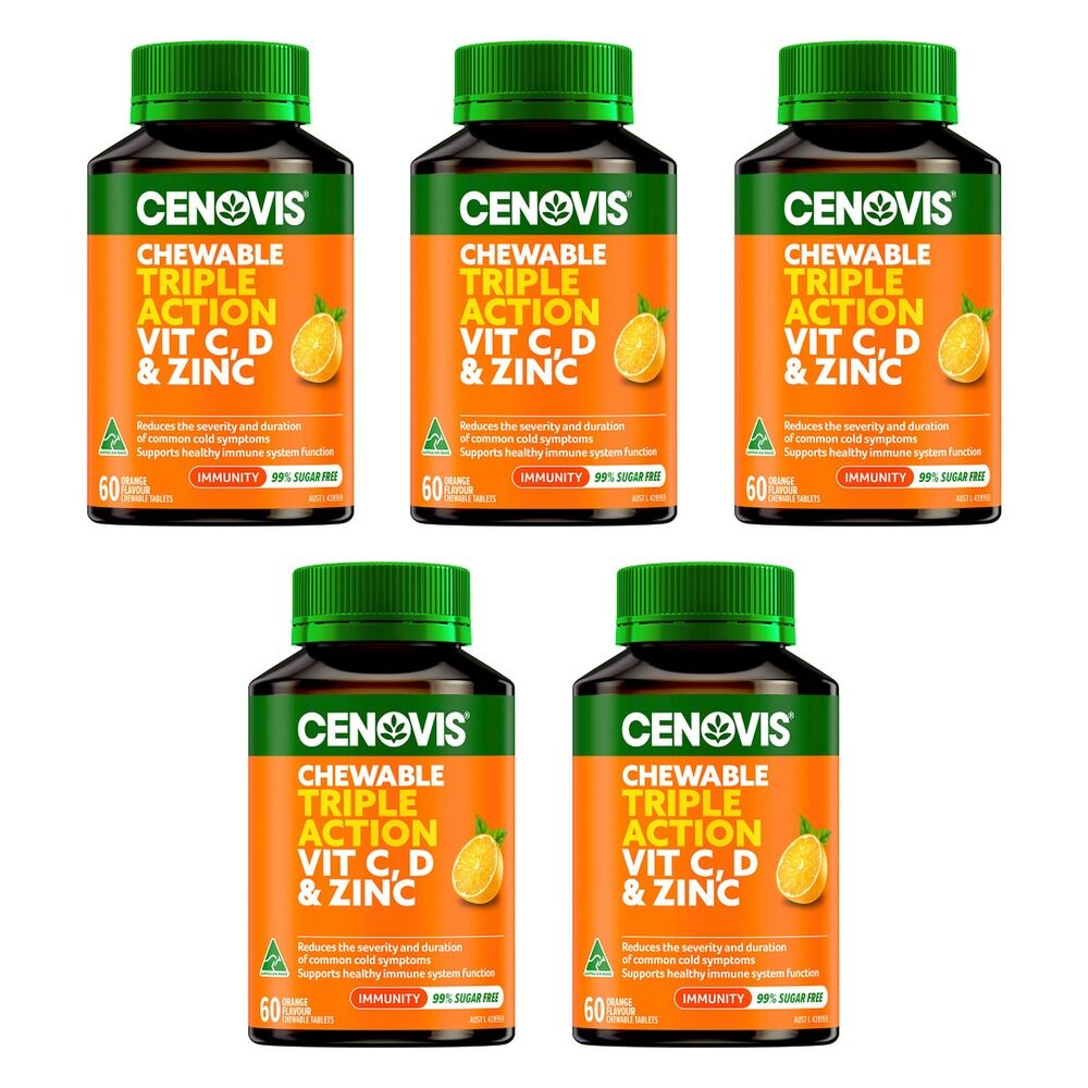 Cenovis Chewable Triple Action Vit C, D & Zinc Orange 60 Tablets Pack of 5