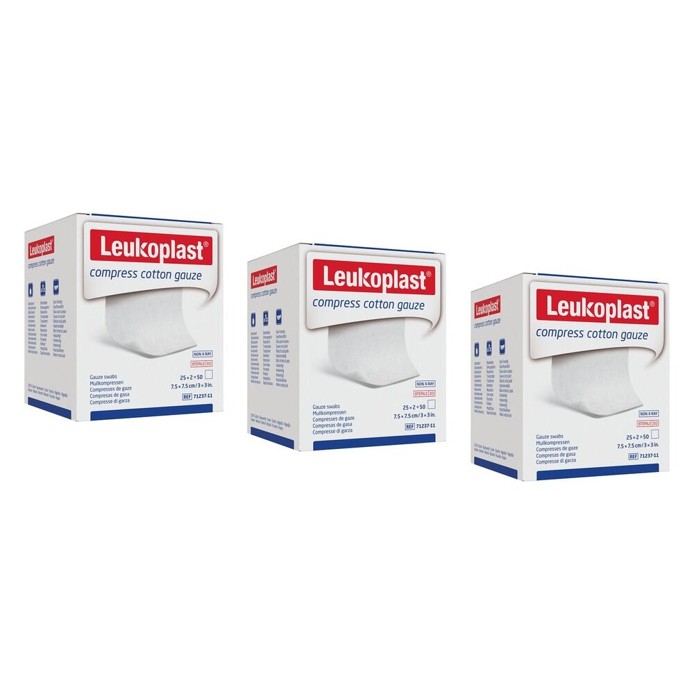 Leuko Compress Cotton Gauze Swabs Sterile 7.5cm x 7.5cm 2 x 25 Pack Bundle of 3
