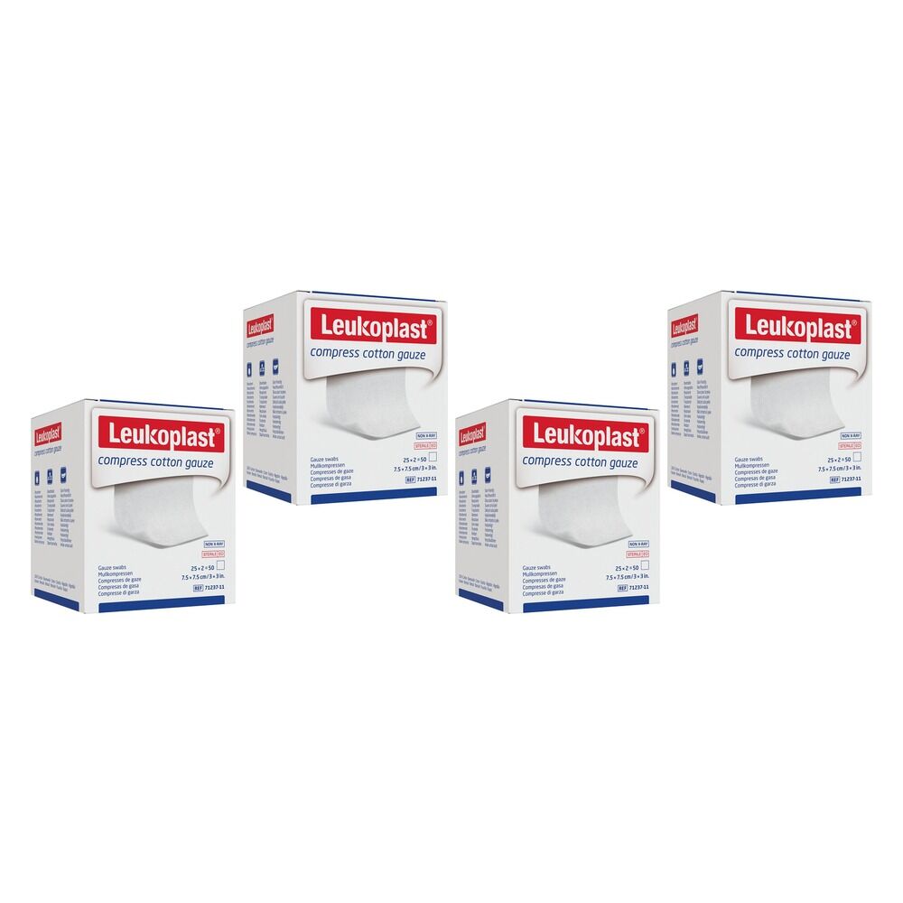 Leuko Compress Cotton Gauze Swabs Sterile 7.5cm x 7.5cm 2 x 25 Pack Bundle of 4
