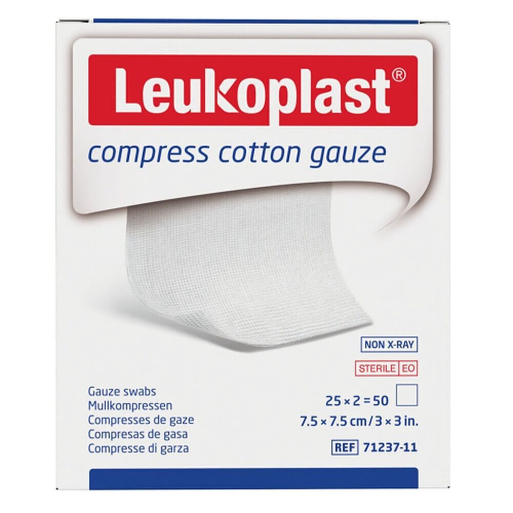 Leuko Compress Cotton Gauze Swabs Sterile 7.5cm x 7.5cm 2 x 25 Pack