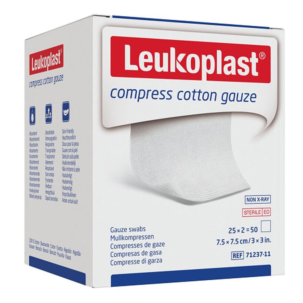 Leuko Compress Cotton Gauze Swabs Sterile 7.5cm x 7.5cm 2 x 25 Pack