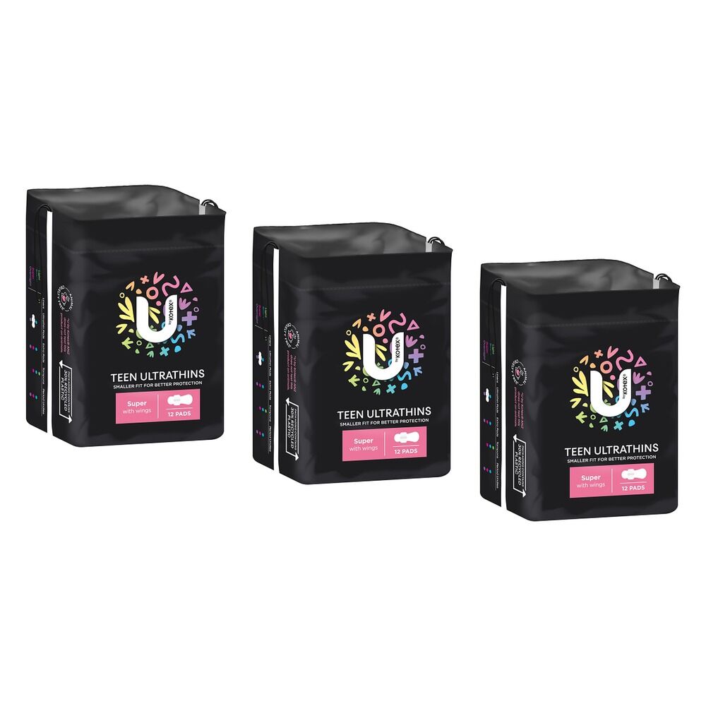 U By Kotex Teen Ultrathin Super Pads with Wings 12 Pack x 4 Bundle of 3