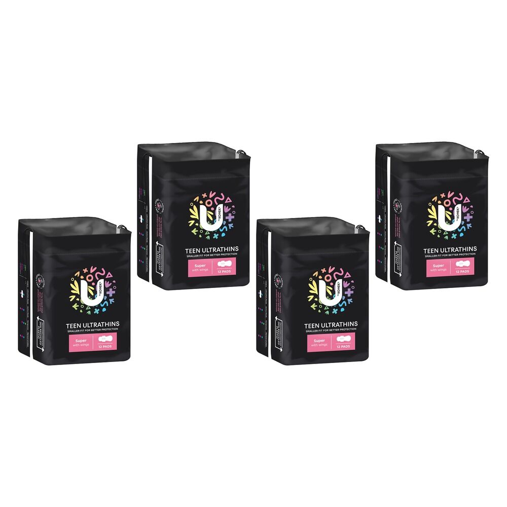 U By Kotex Teen Ultrathin Super Pads with Wings 12 Pack x 4 Bundle of 4