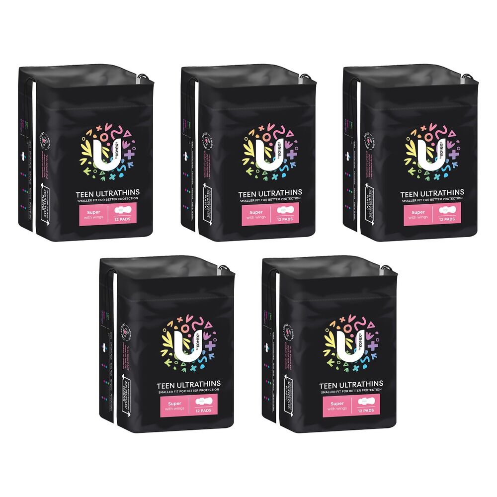 U By Kotex Teen Ultrathin Super Pads with Wings 12 Pack x 4 Bundle of 5