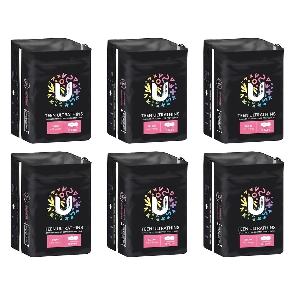U By Kotex Teen Ultrathin Super Pads with Wings 12 Pack x 4 Bundle of 6