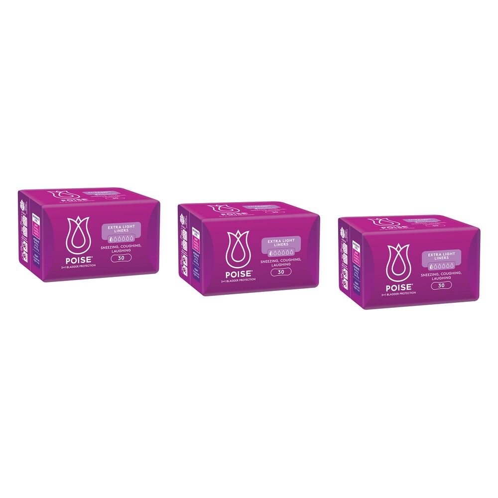 Poise 3-in-1 Bladder Protection Extra Light Liners 30 Pack Bundle of 3