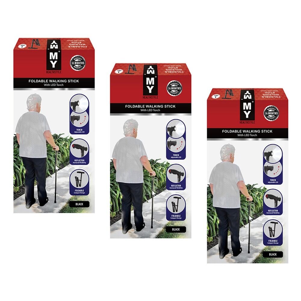 MY Foldable Walking Stick with LED Torch Pack of 3