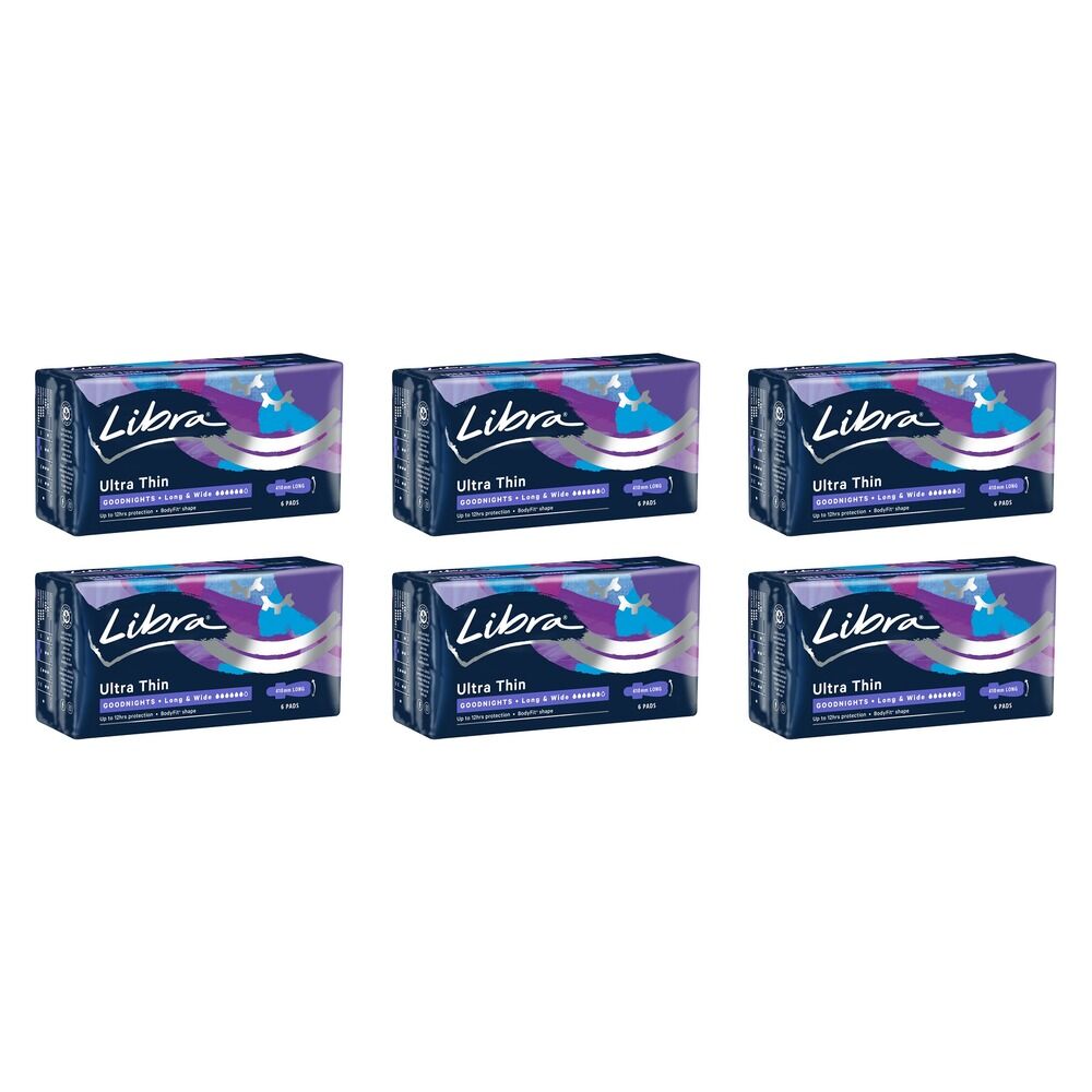 Libra Ultra Thin Goodnights Pads Long & Wide with Wings 6 Pack Bundle of 6