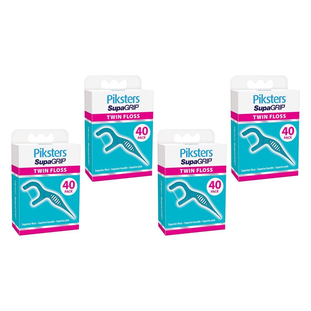 Piksters SupaGRIP Twin Floss Picks 40 Pack Bundle of 4