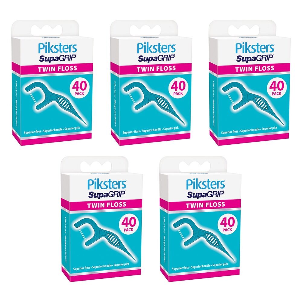 Piksters SupaGRIP Twin Floss Picks 40 Pack Bundle of 5