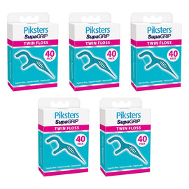 Piksters SupaGRIP Twin Floss Picks 40 Pack Bundle of 5