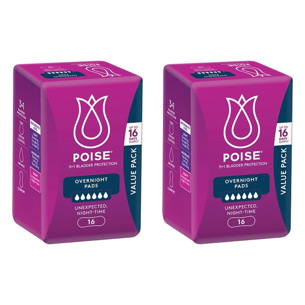 Poise Overnight Incontinence Pads 6 Drops 16 Pack Bundle of 2