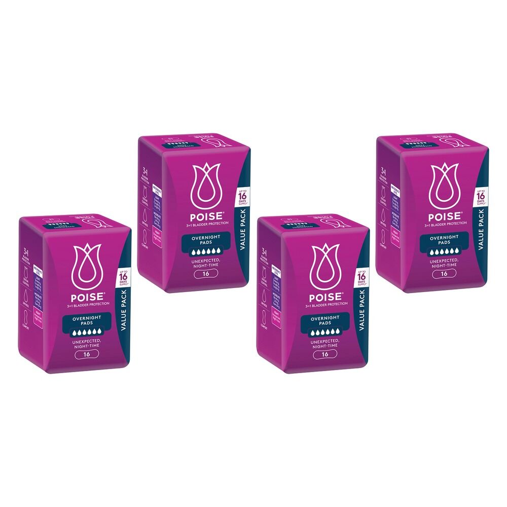 Poise Overnight Incontinence Pads 6 Drops 16 Pack Bundle of 4