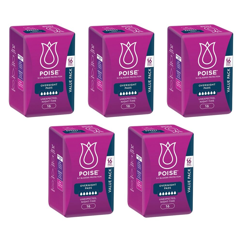 Poise Overnight Incontinence Pads 6 Drops 16 Pack Bundle of 5