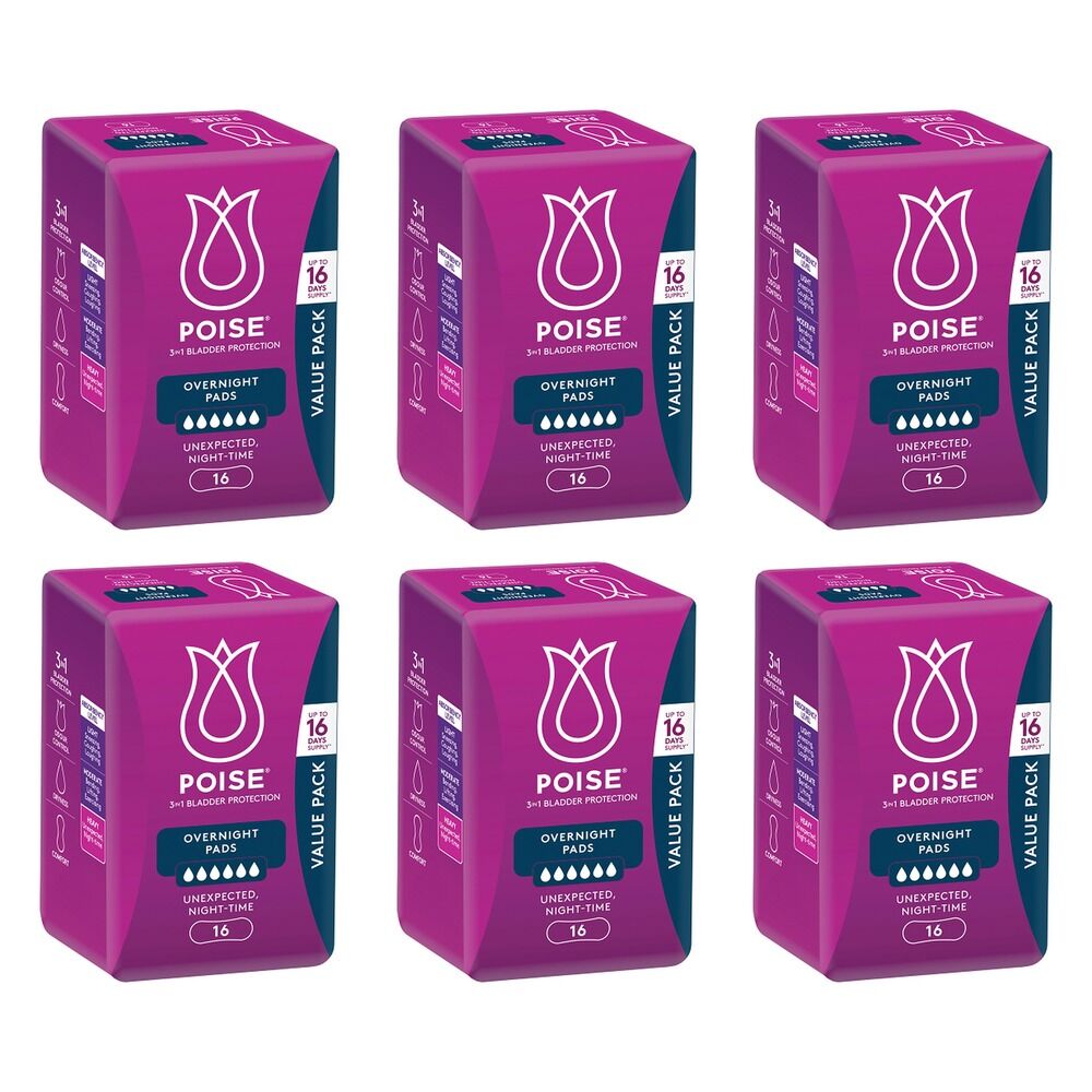Poise Overnight Incontinence Pads 6 Drops 16 Pack Bundle of 6