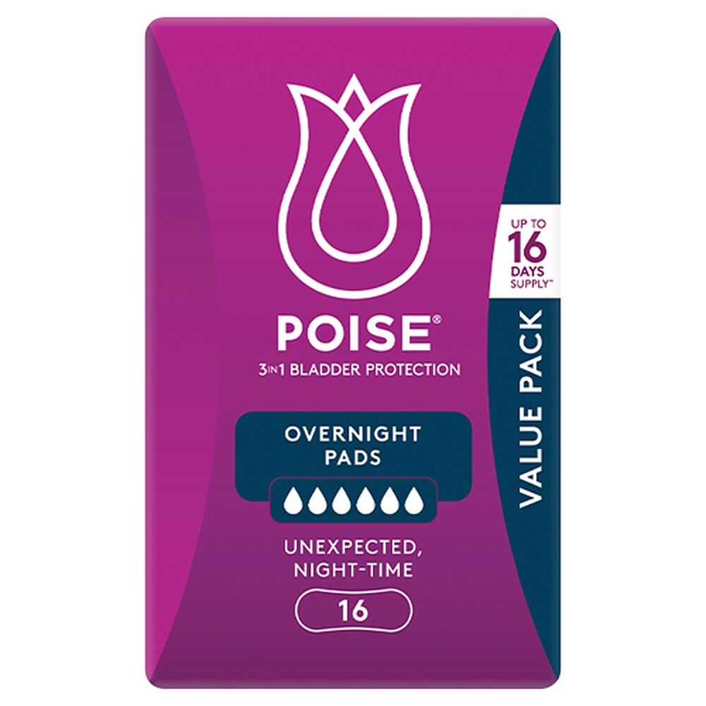 Poise Overnight Incontinence Pads 6 Drops 16 Pack