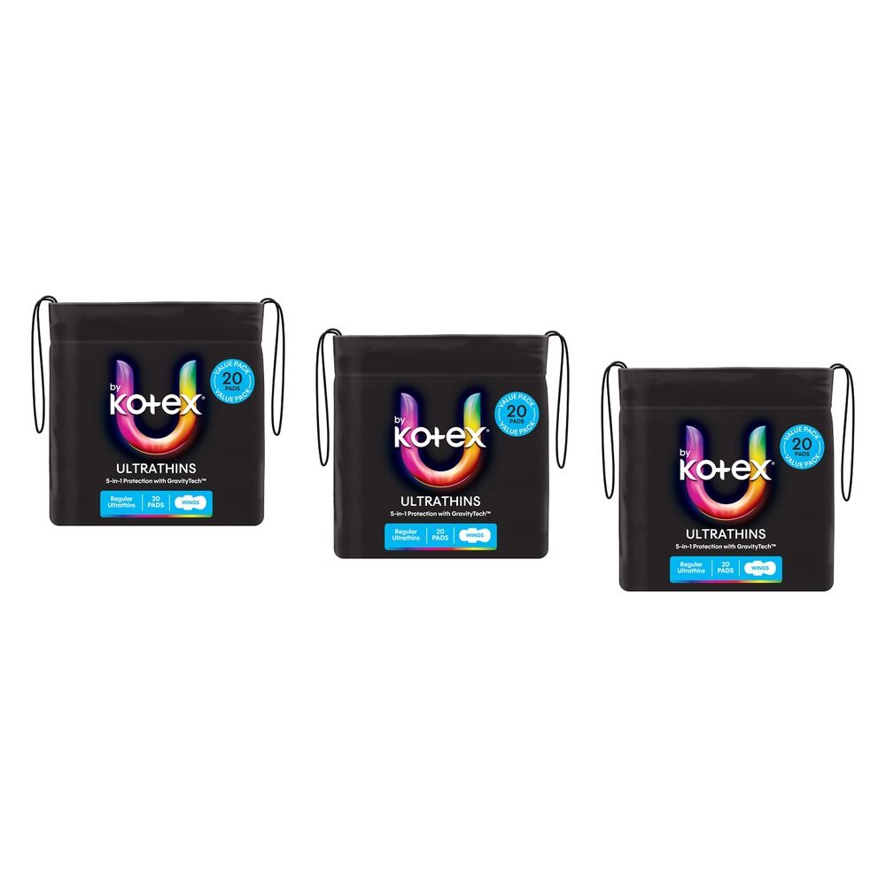 U By Kotex Ultrathin Regular Pads with Wings 20 Pack x 6 Bundle of 3