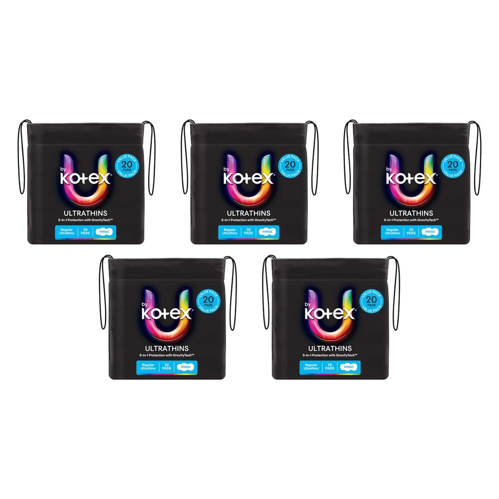 U By Kotex Ultrathin Regular Pads with Wings 20 Pack x 6 Bundle of 5