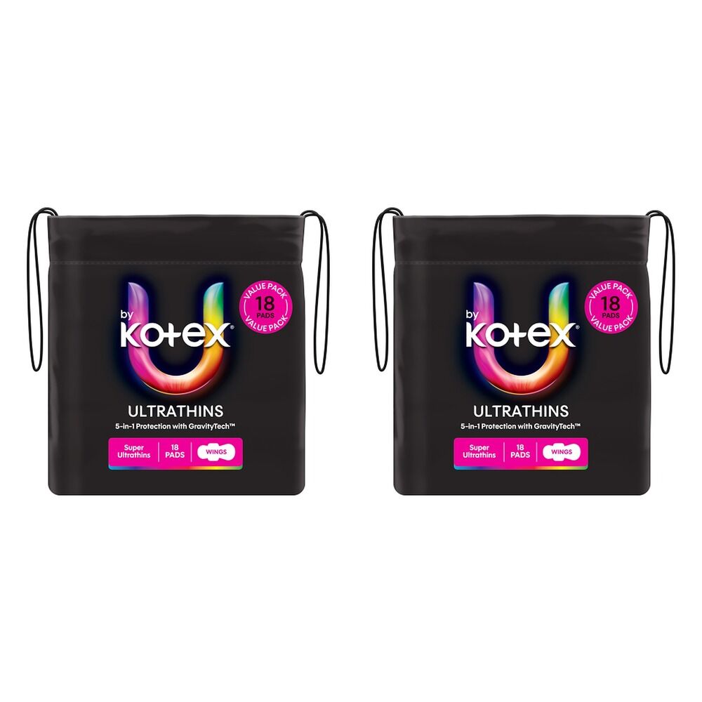 U By Kotex Ultrathin Super Pads with Wings 18 Pack x 6 Bundle of 2