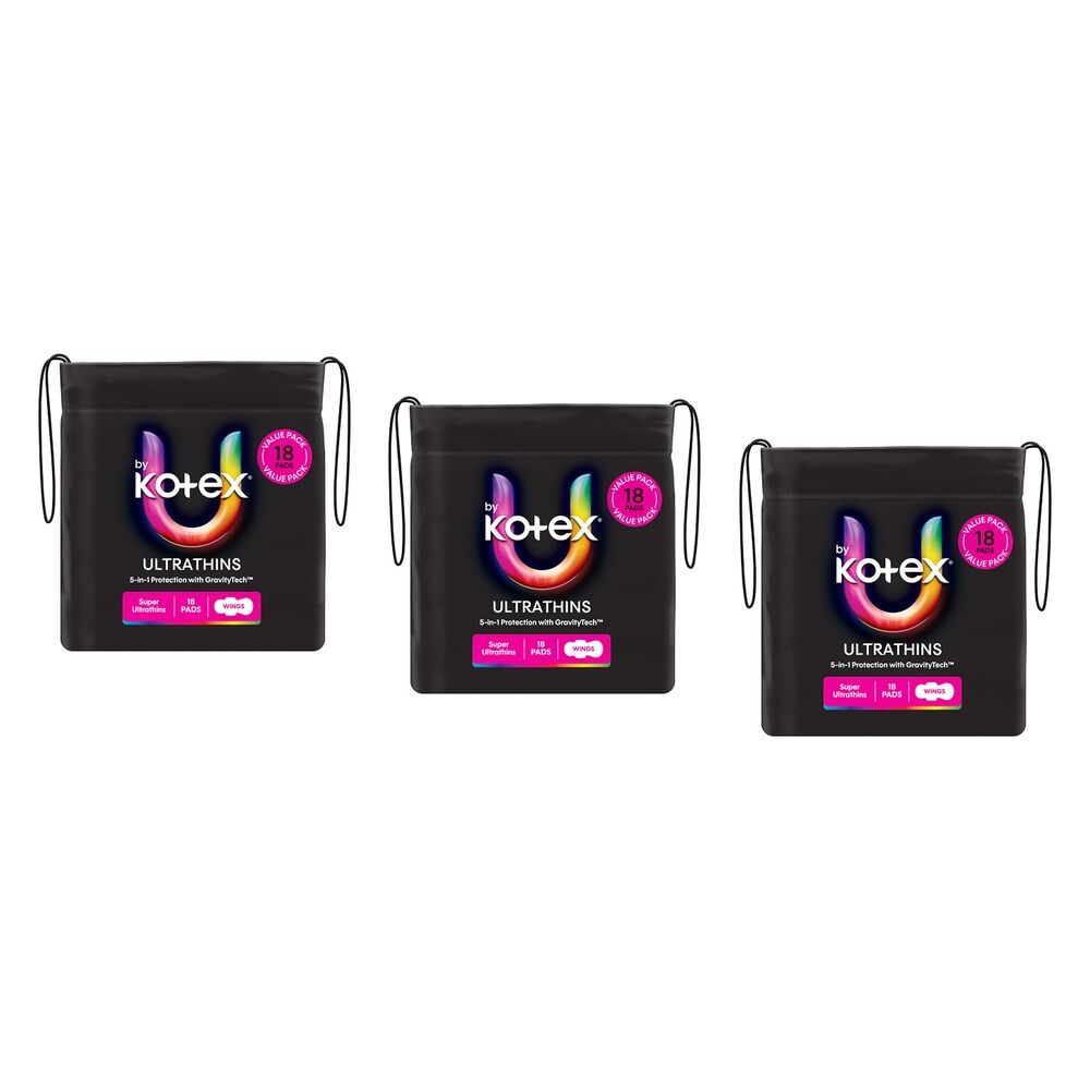 U By Kotex Ultrathin Super Pads with Wings 18 Pack x 6 Bundle of 3