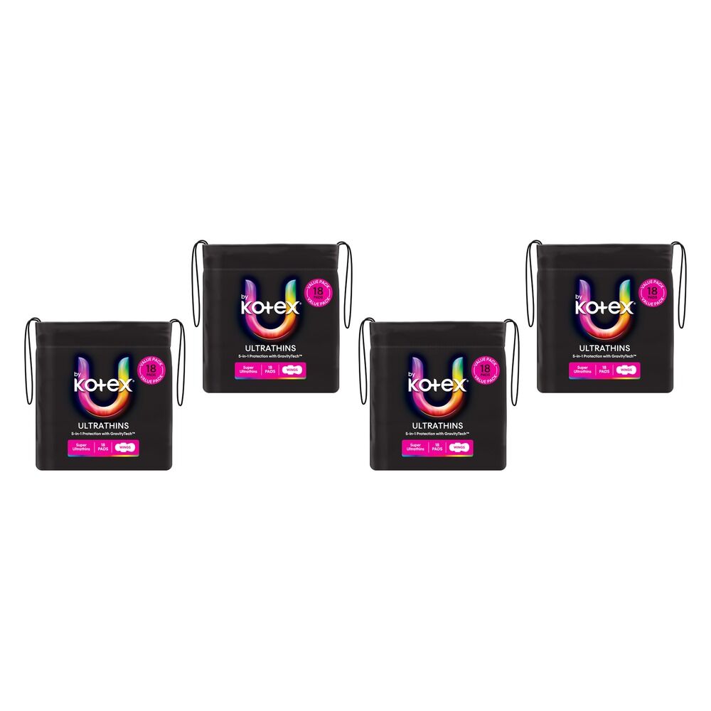 U By Kotex Ultrathin Super Pads with Wings 18 Pack x 6 Bundle of 4