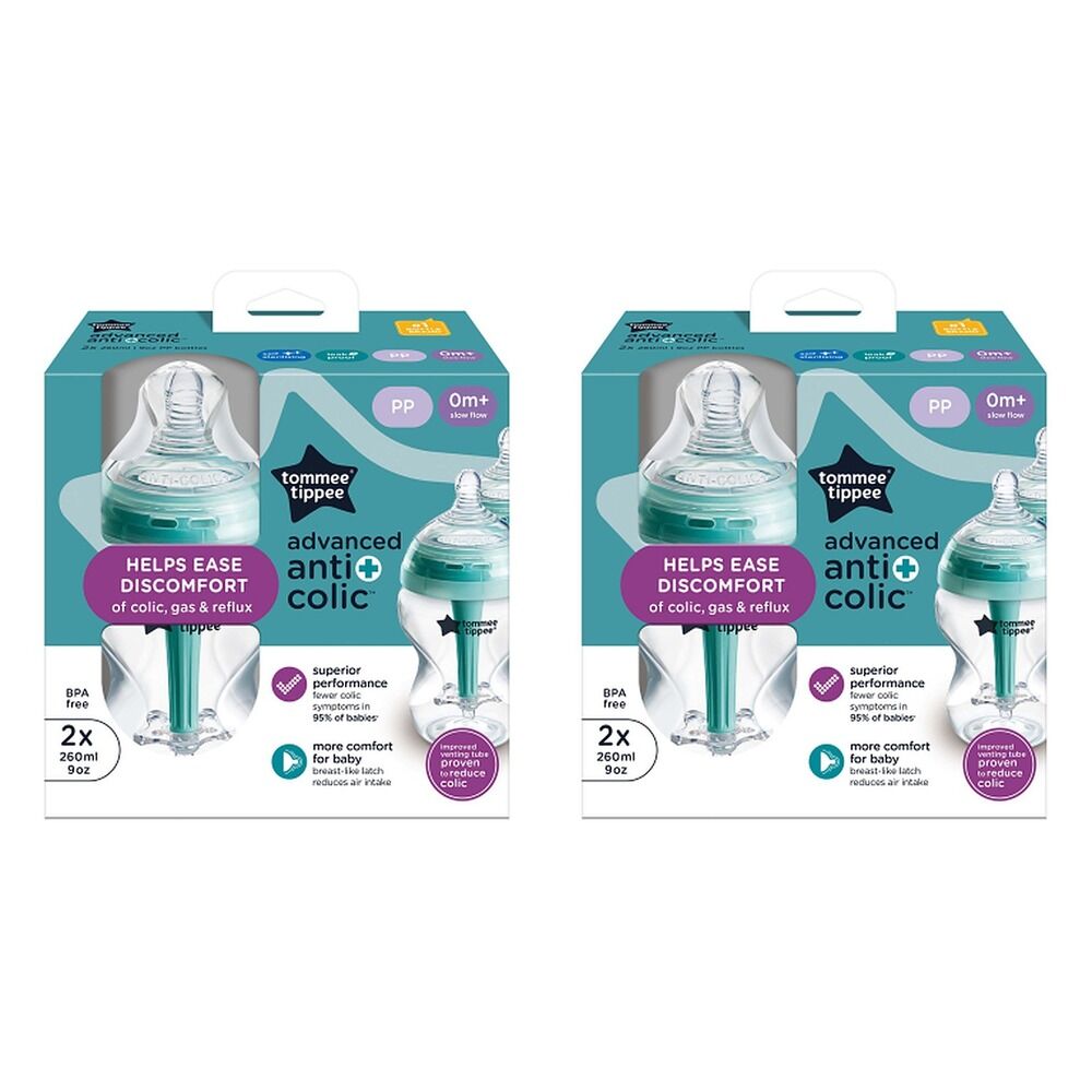 Tommee Tippee Advanced Anti-Colic Baby Bottle 0m+ Slow Flow 260mL Pack of 2