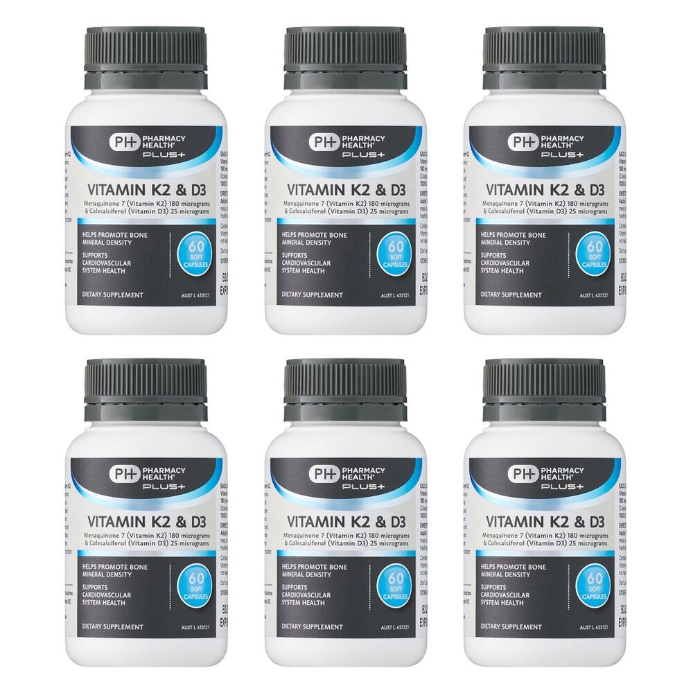 Pharmacy Health Plus Vitamin K2 & Vitamin D3 60 Capsules Pack of 6