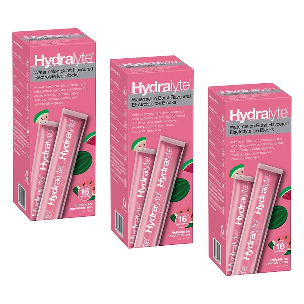 Hydralyte Watermelon Burst Flavoured Electrolyte Ice Blocks 16 Pack Bundle of 3