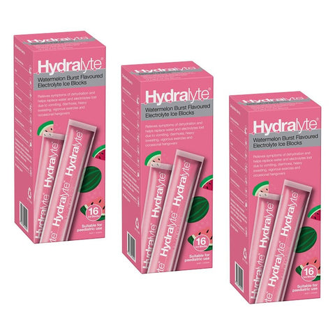Hydralyte Watermelon Burst Flavoured Electrolyte Ice Blocks 16 Pack Bundle of 3
