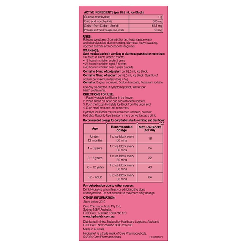 Hydralyte Watermelon Burst Flavoured Electrolyte Ice Blocks 16 Pack