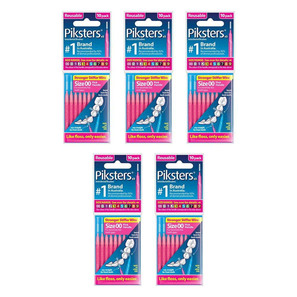 Piksters Interdental Brushes Size 00 Pink 10 Pack Bundle of 5