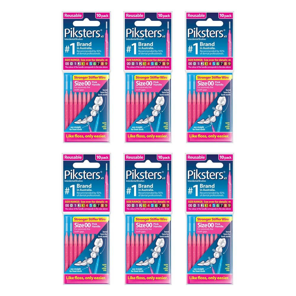 Piksters Interdental Brushes Size 00 Pink 10 Pack Bundle of 6