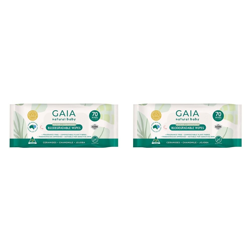 GAIA Water + Ceramides Biodegradable Wipes, Fragrance Free, 70 Wipes Pack of 2