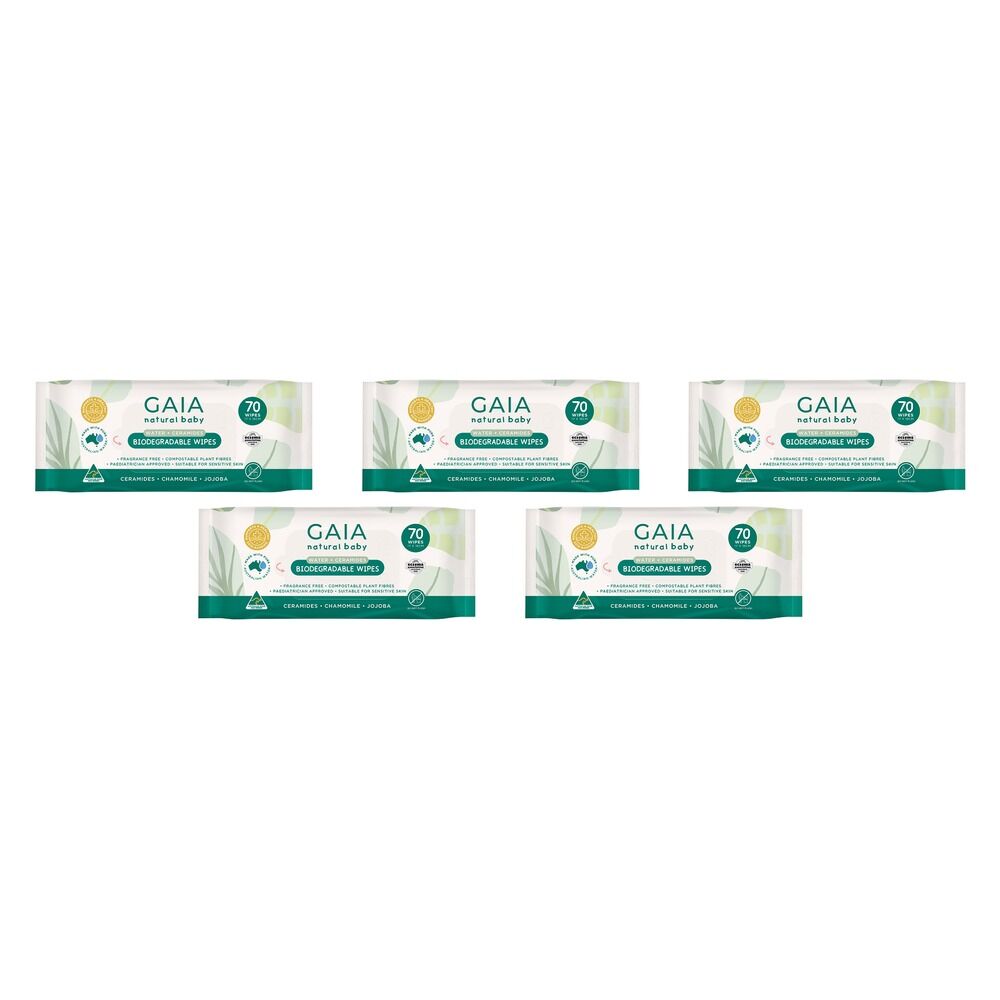 GAIA Water + Ceramides Biodegradable Wipes, Fragrance Free, 70 Wipes Pack of 5