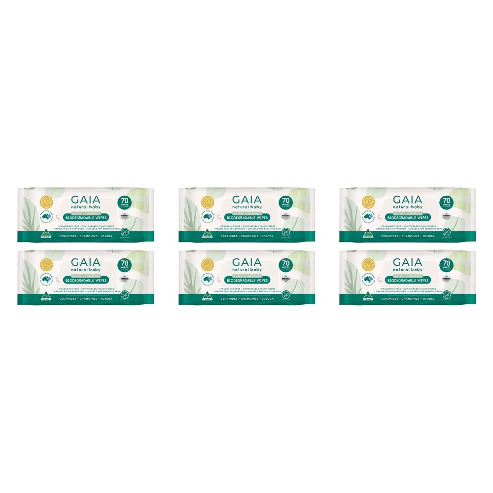 GAIA Water + Ceramides Biodegradable Wipes, Fragrance Free, 70 Wipes Pack of 6