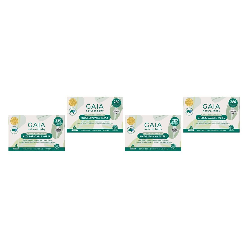 GAIA Water + Ceramides Biodegradable Wipes, Jojoba, 280 Pack Bundle of 4