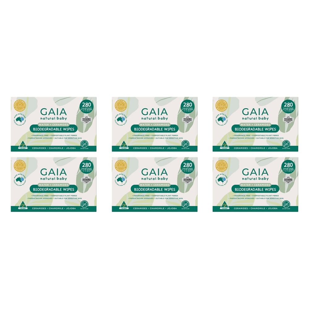 GAIA Water + Ceramides Biodegradable Wipes, Jojoba, 280 Pack Bundle of 6