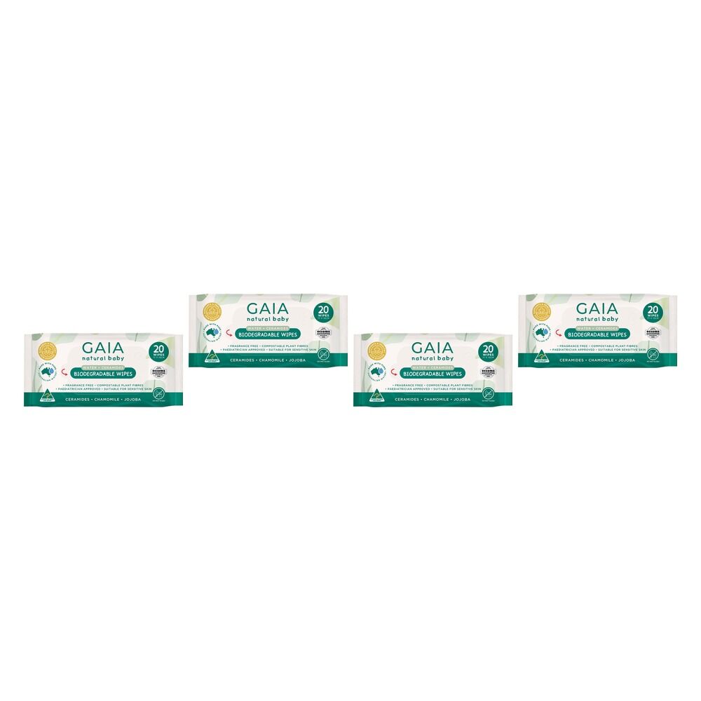 GAIA Water + Ceramides Biodegradable Wipes, Jojoba, 20 Pack Bundle of 4